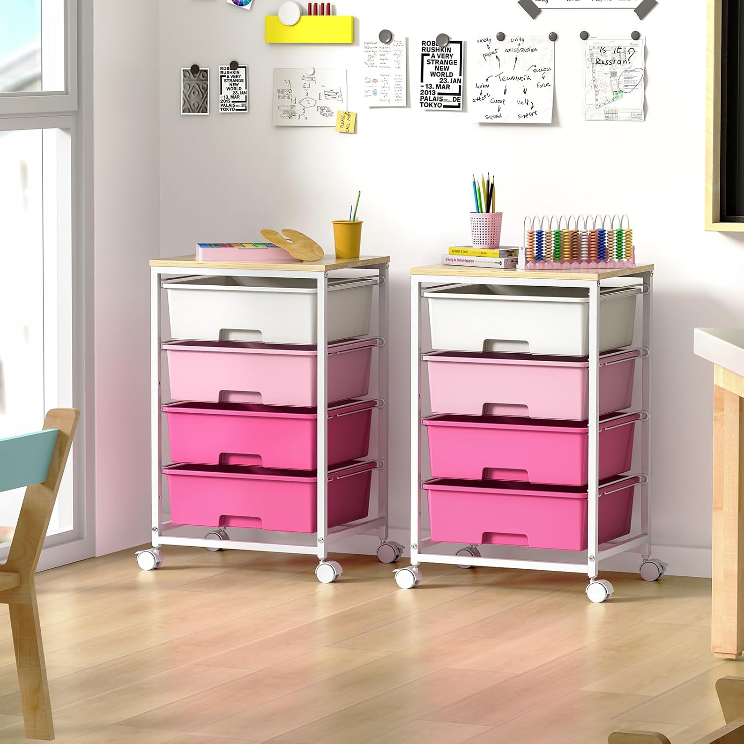 Chariot de rangement 4 tiroirs, plateau bois, roulettes, grande capacité, rose
