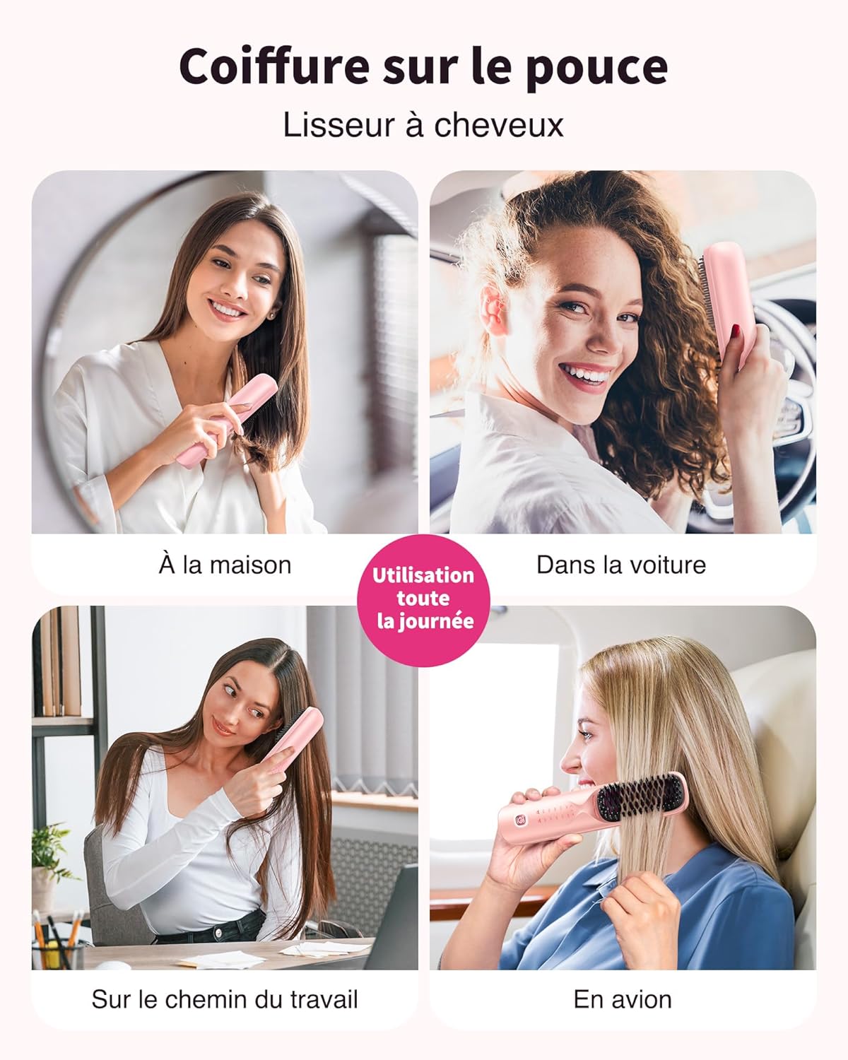 Bopcal - Brosse Lissante Sans Fil 3-en-1, 30s Chauffage, Powerbank, 10000mAh