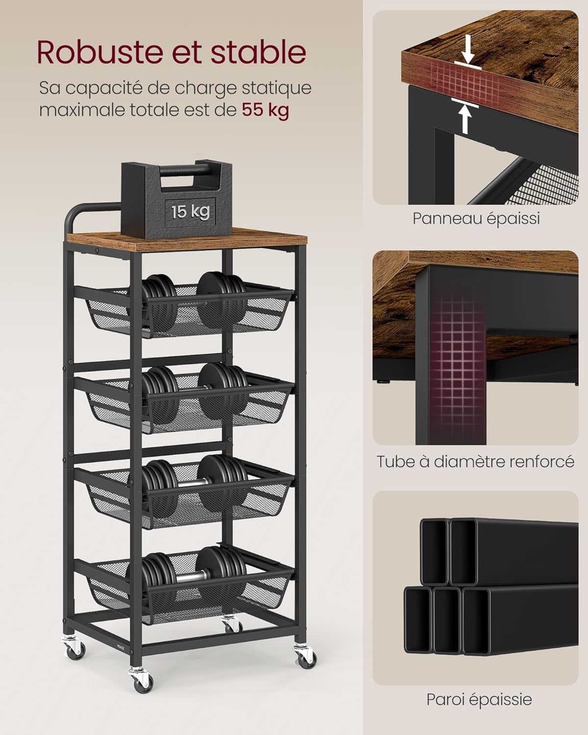 VASAGLE - chariot 5 niveaux, paniers extractibles, 31,7x40x95 cm, roulettes, poignée, LRC041K01