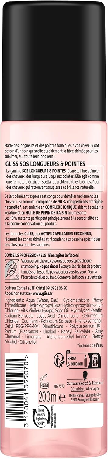 Schwarzkopf - Gliss SOS Longueur & Pointes - 200 ml - Démêle, scelle, adoucit, 90% naturel