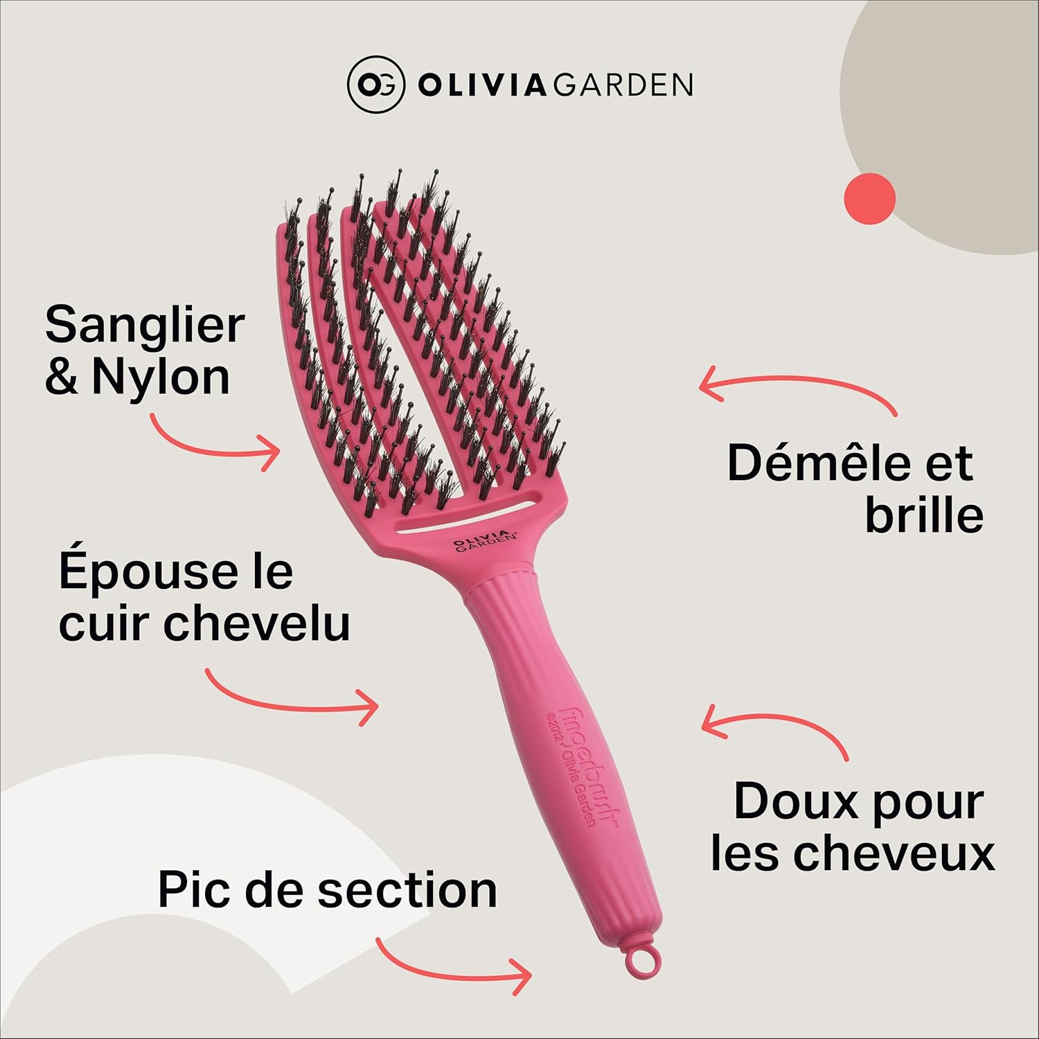 Olivia Garden - Fingerbrush Care Iconic - brosse 22cm - poils nylon & sanglier pour brillance et démêlage
