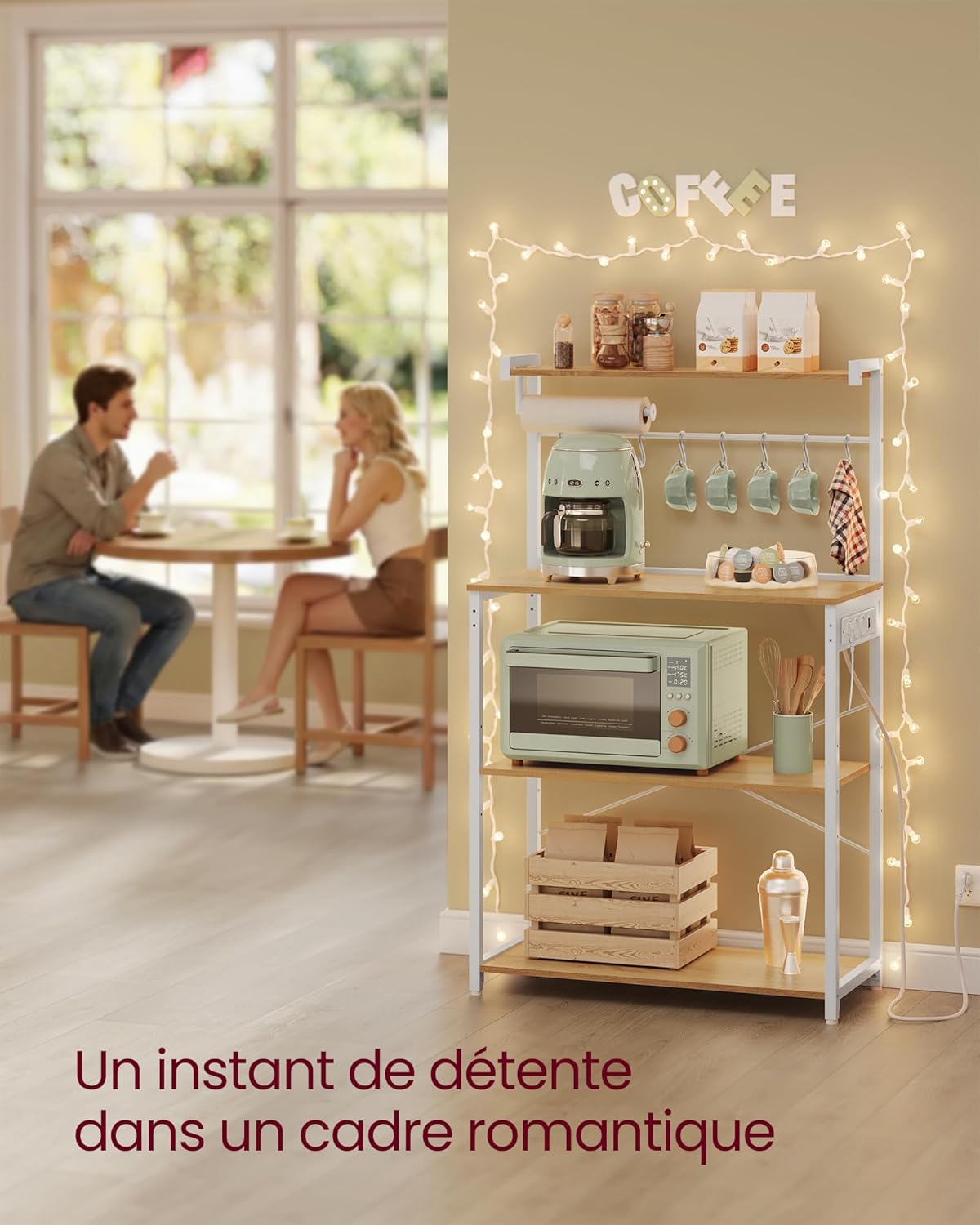 VASAGLE - étagère cuisine 4 niveaux, multiprise, 80x40x140 cm, 8 crochets, KKS029YA02