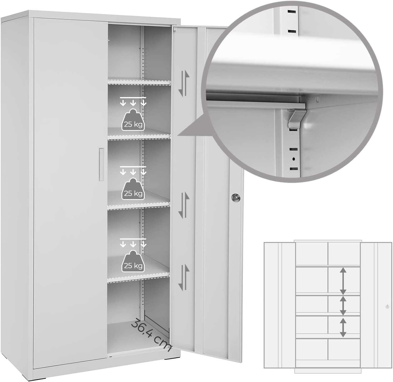 SONGMICS - meuble de rangement bureau acier 40x80x180cm, 5 niveaux, portes doubles, serrure, OMC015G01