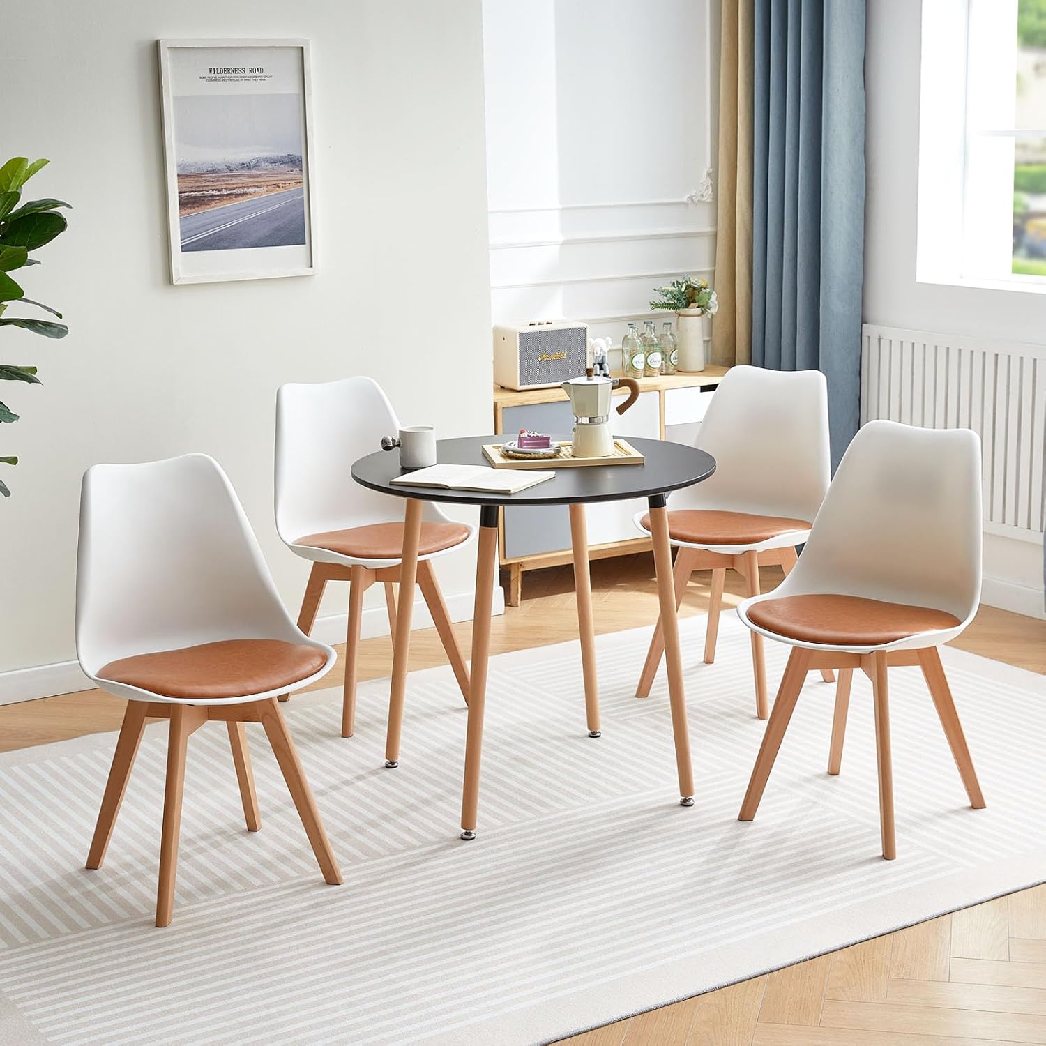 EGGREE - Lot de 8 chaises scandinaves, bois hêtre, cuir PU, blanc/marron