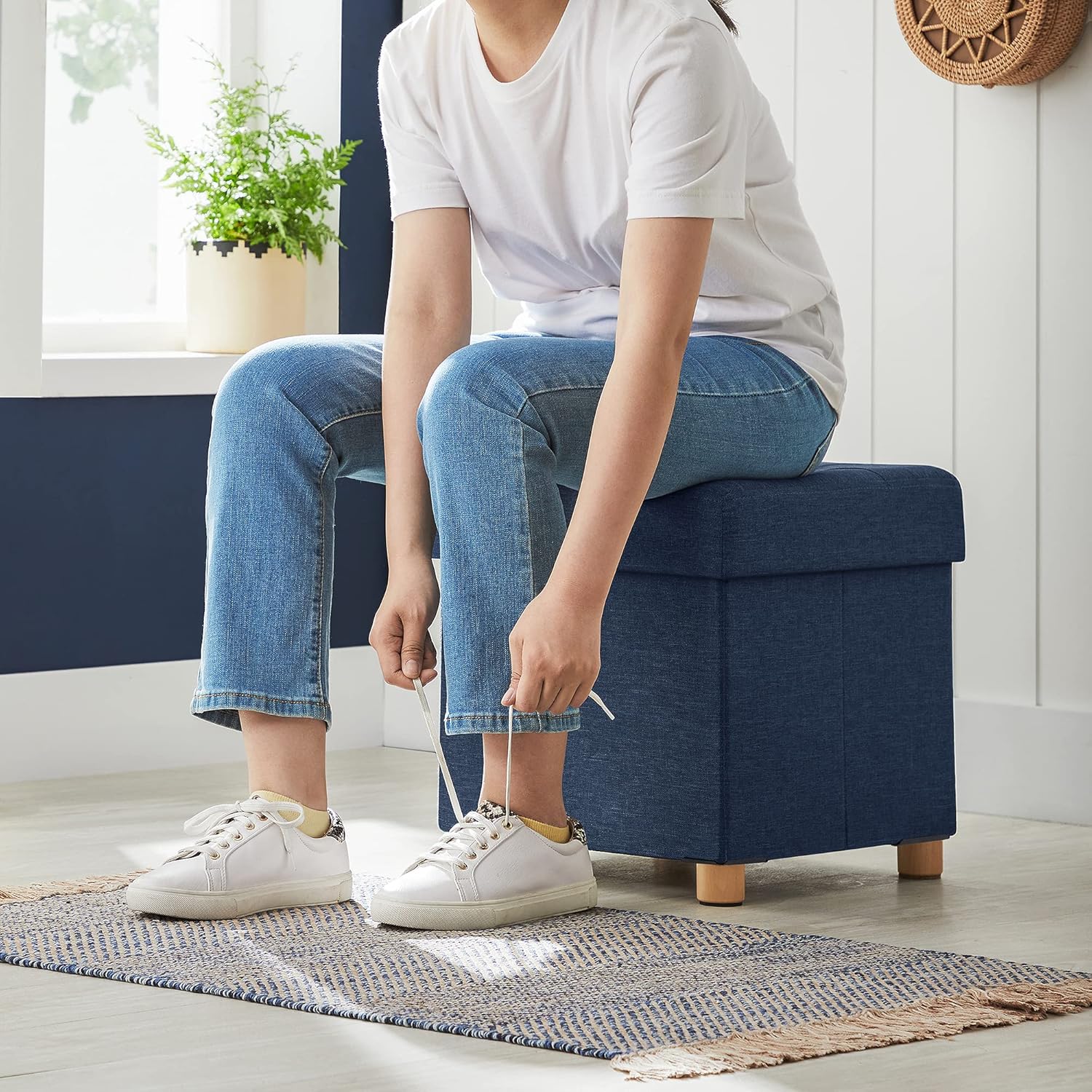 SONGMICS - petit pouf pliable - 38x38x40 cm - rangement robuste, bleu, LSF14IN