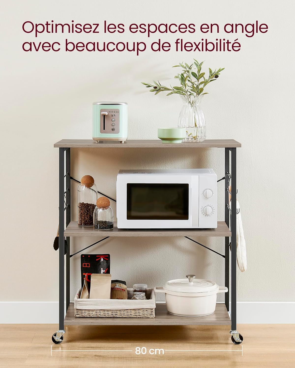 VASAGLE - étagère cuisine à 3 niveaux, roulettes, 80x40x89 cm, 6 crochets KKS067K02