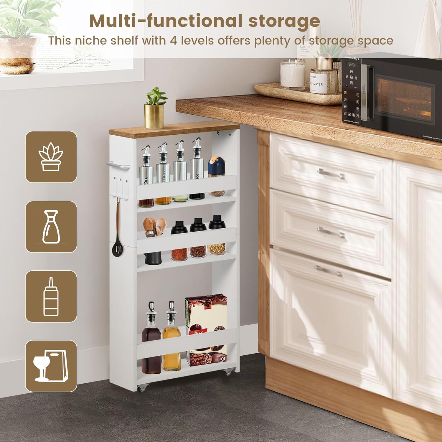 Desserte à roulettes - chariot 4 niveaux, 40x15x80 cm, bois clair et blanc