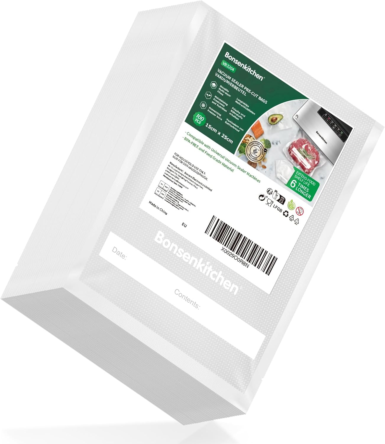 Bonsenkitchen - sacs sous vide (série VB) - 15x25 cm - lot de 100, gaufrés, alimentaires VB3204