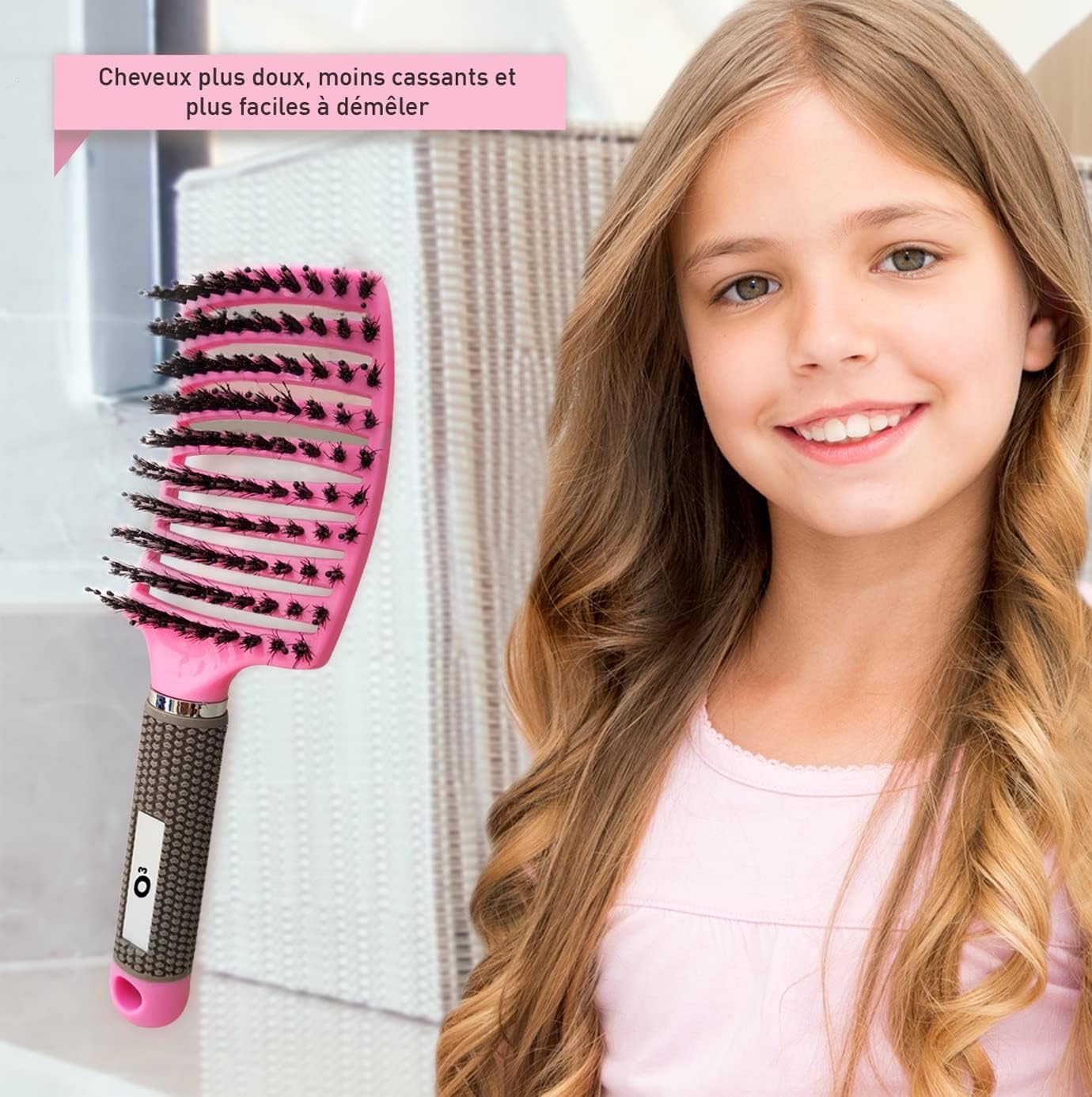 Brosse à cheveux - set 2 pièces - poils de sanglier, rose/violette, démêlage naturel sans larmes