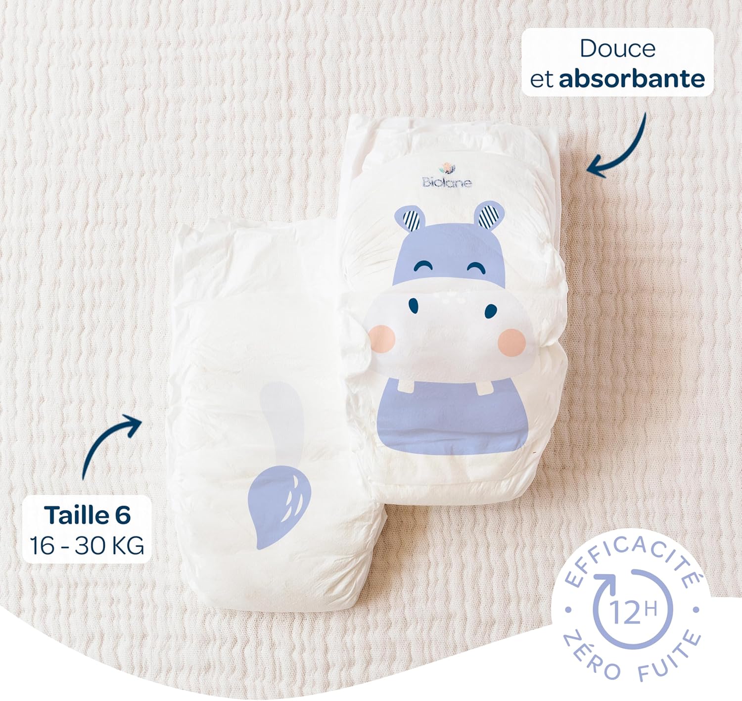 Biolane - Couches bébé Taille 6 - 16kg+ - Ultra absorbantes, 12h au sec, pack 1 mois, 120 couches