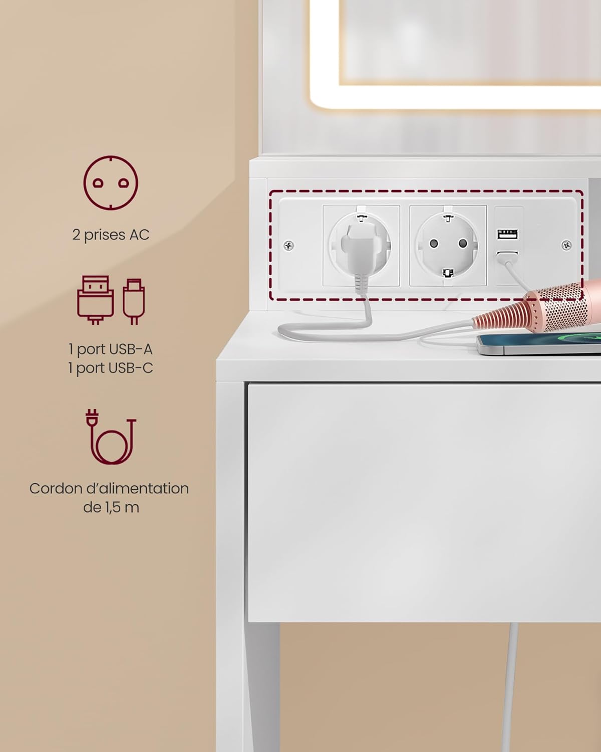 VASAGLE - Kailyn Collection - 90 cm - coiffeuse LED, 3 éclairages, tiroir, multiprise, blanc RDT134WB01