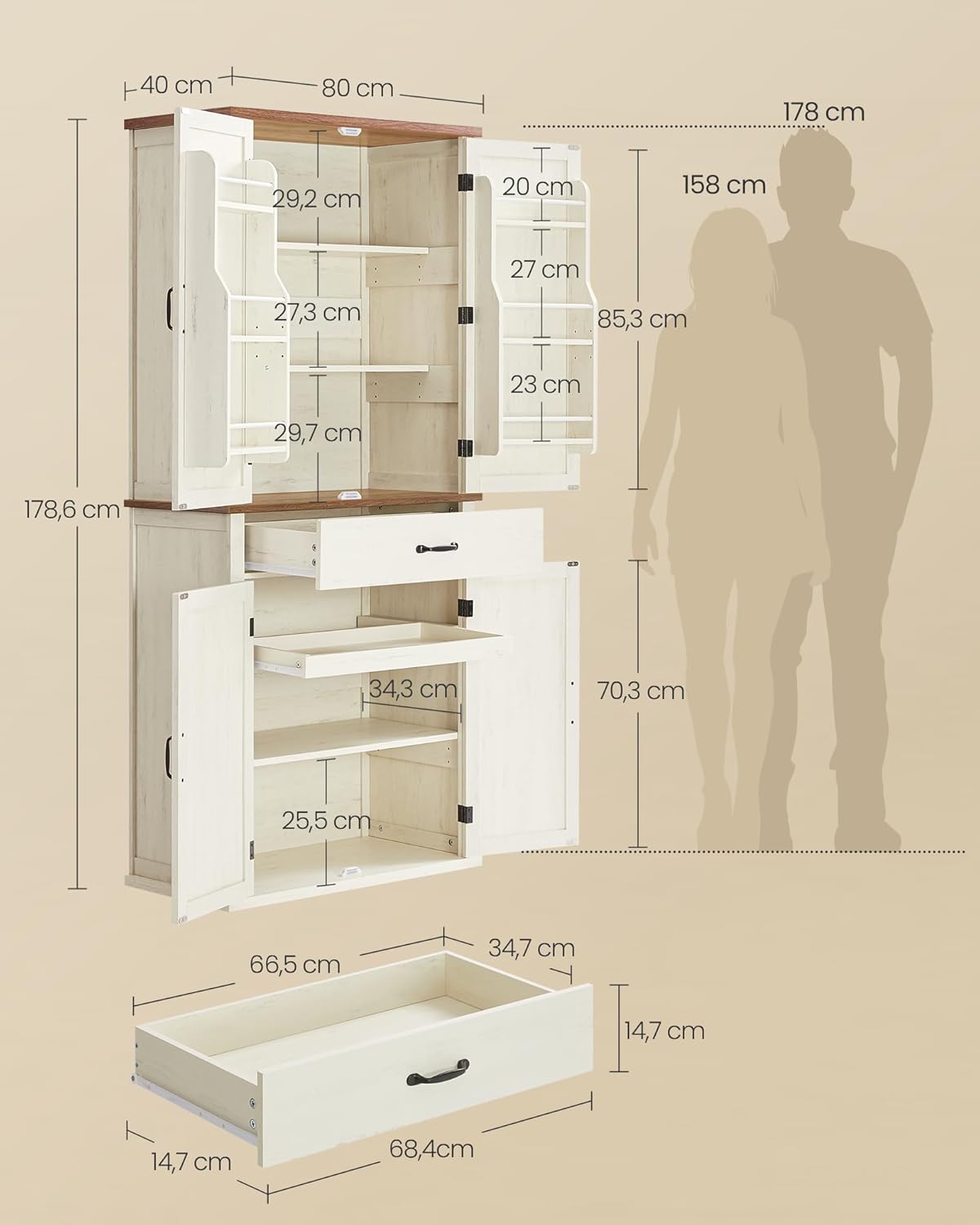 VASAGLE - Buffet haut, série rustique, 178,6 cm, tiroir, étagères réglables, BBK364W02
