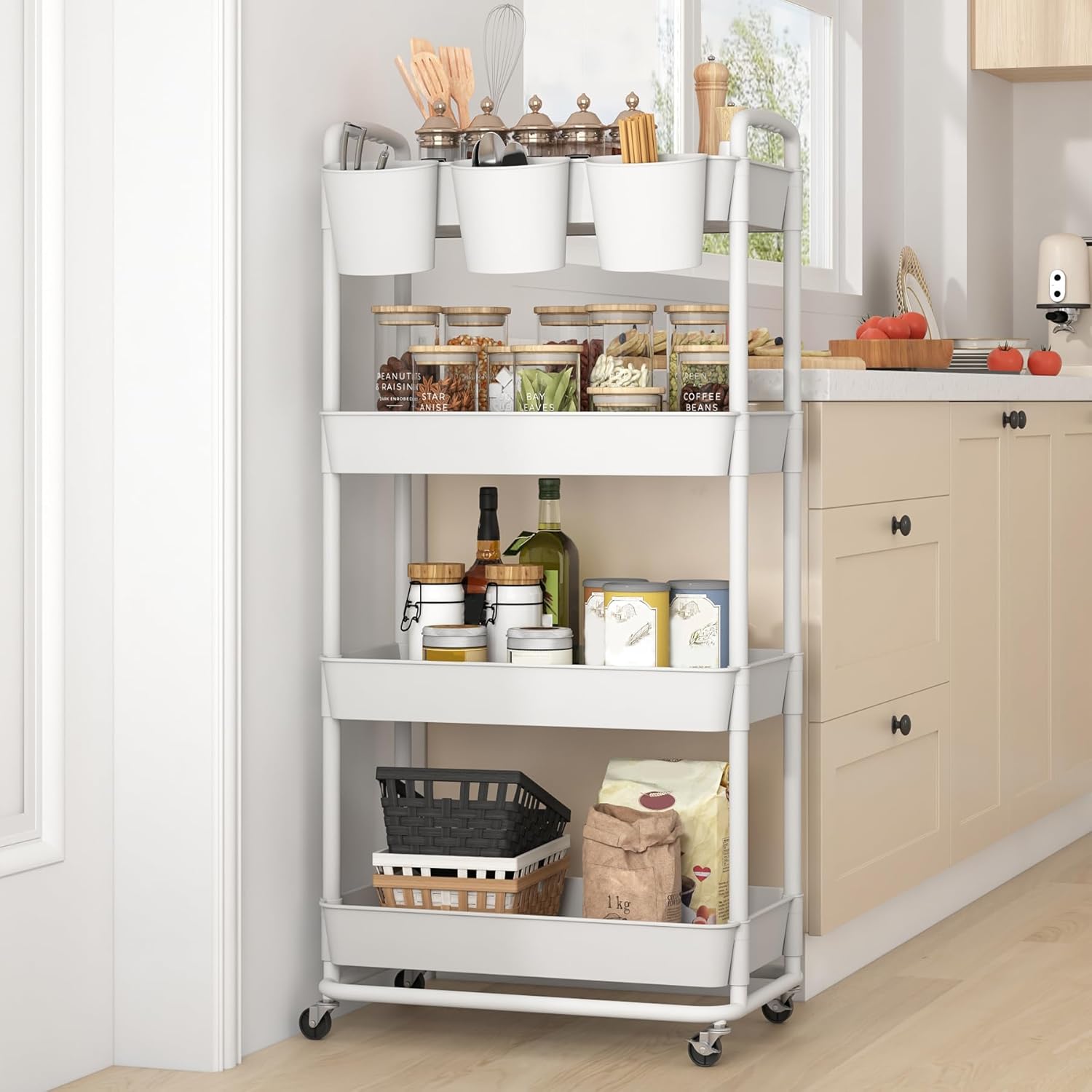 JIUYOTREE - Chariot 4 niveaux -  roulettes verrouillables, poignées, gobelets suspendus, blanc