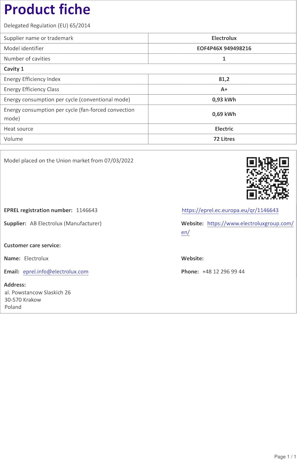 Electrolux - Four Série EOF - 72L, pyrolyse, classe A+ - EOF4P46X