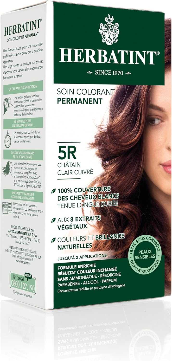Herbatint - Soin Colorant Permanent 150ml - Sans ammoniaque, couvre 100% des cheveux blancs, testé peau sensible, 5R