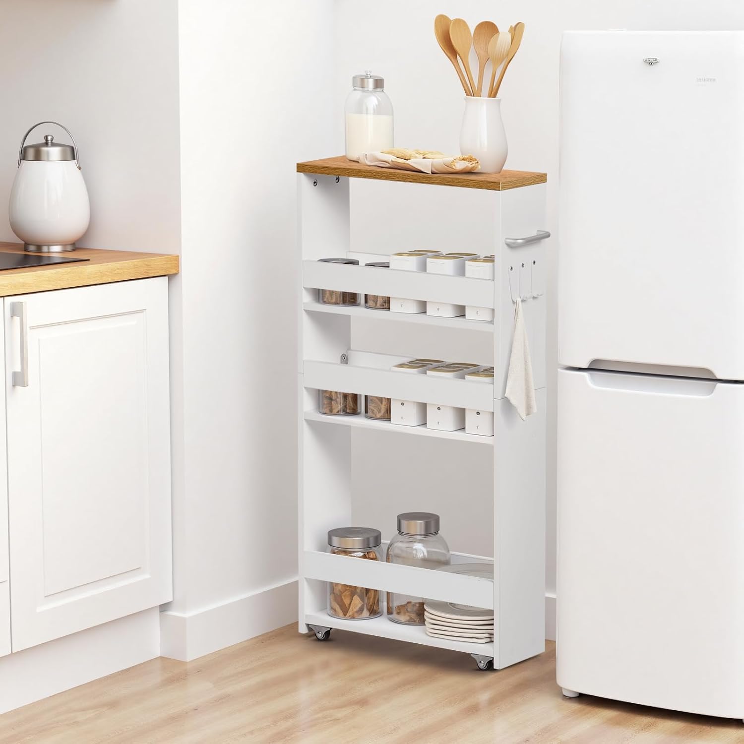 Desserte à roulettes - chariot 4 niveaux, 40x15x80 cm, bois clair et blanc