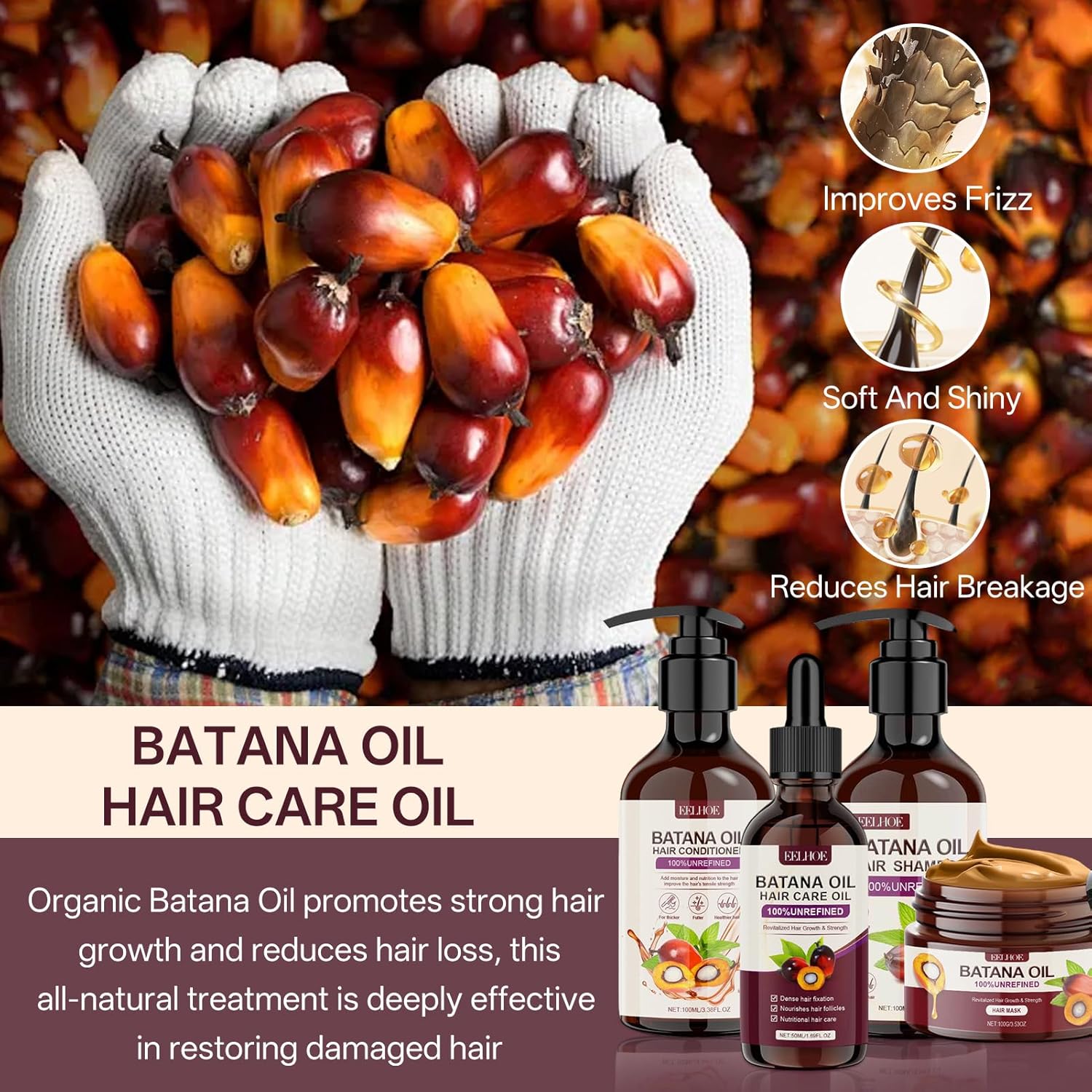 Traitement à l'huile pour cheveux - Coffret 4 pièces - Shampoing, après-shampooing, huile, crème - Soins croissance et h