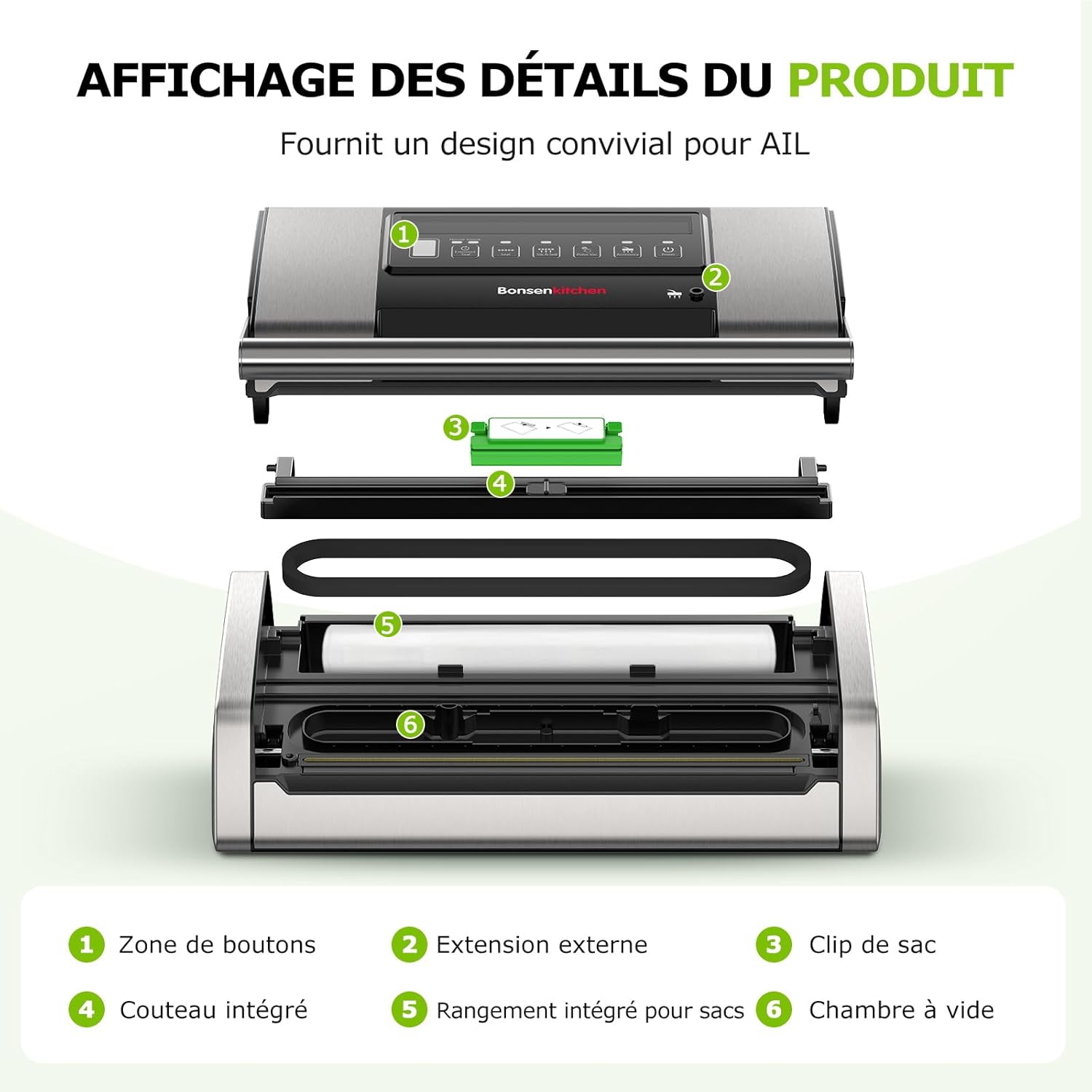 Bonsenkitchen - VS5100 - 15 L/min - Machine sous vide à clip, coupe-sac intégré