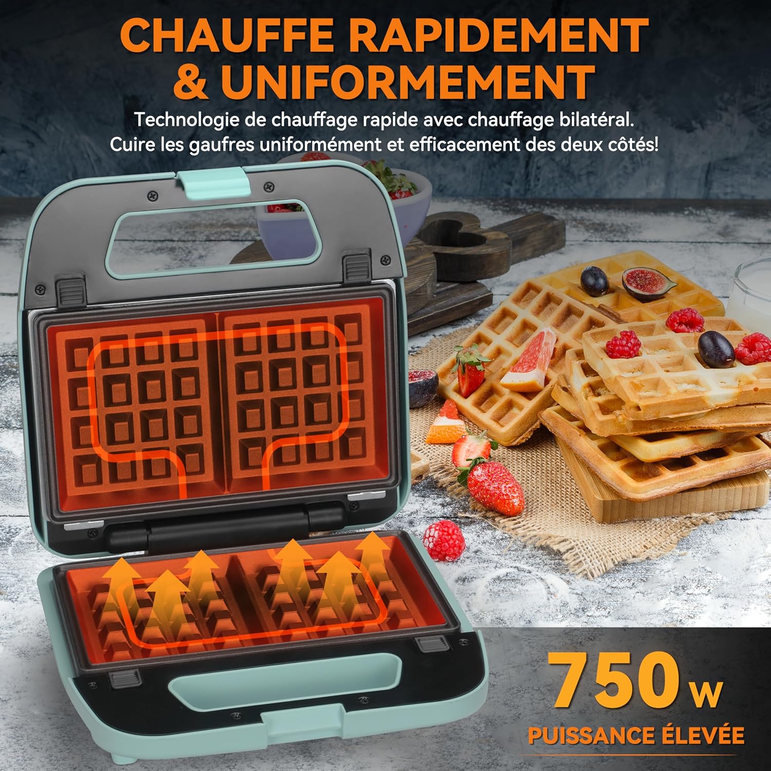 Baker's Friend - gaufrier 3 en 1, plaques amovibles, inox, aqua, antiadhésif