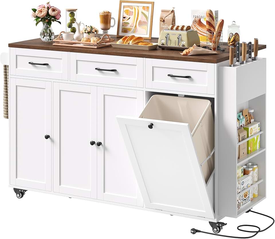 FirFurd - îlot cuisine rangement pliable, USB, blanc, 135x60x88cm