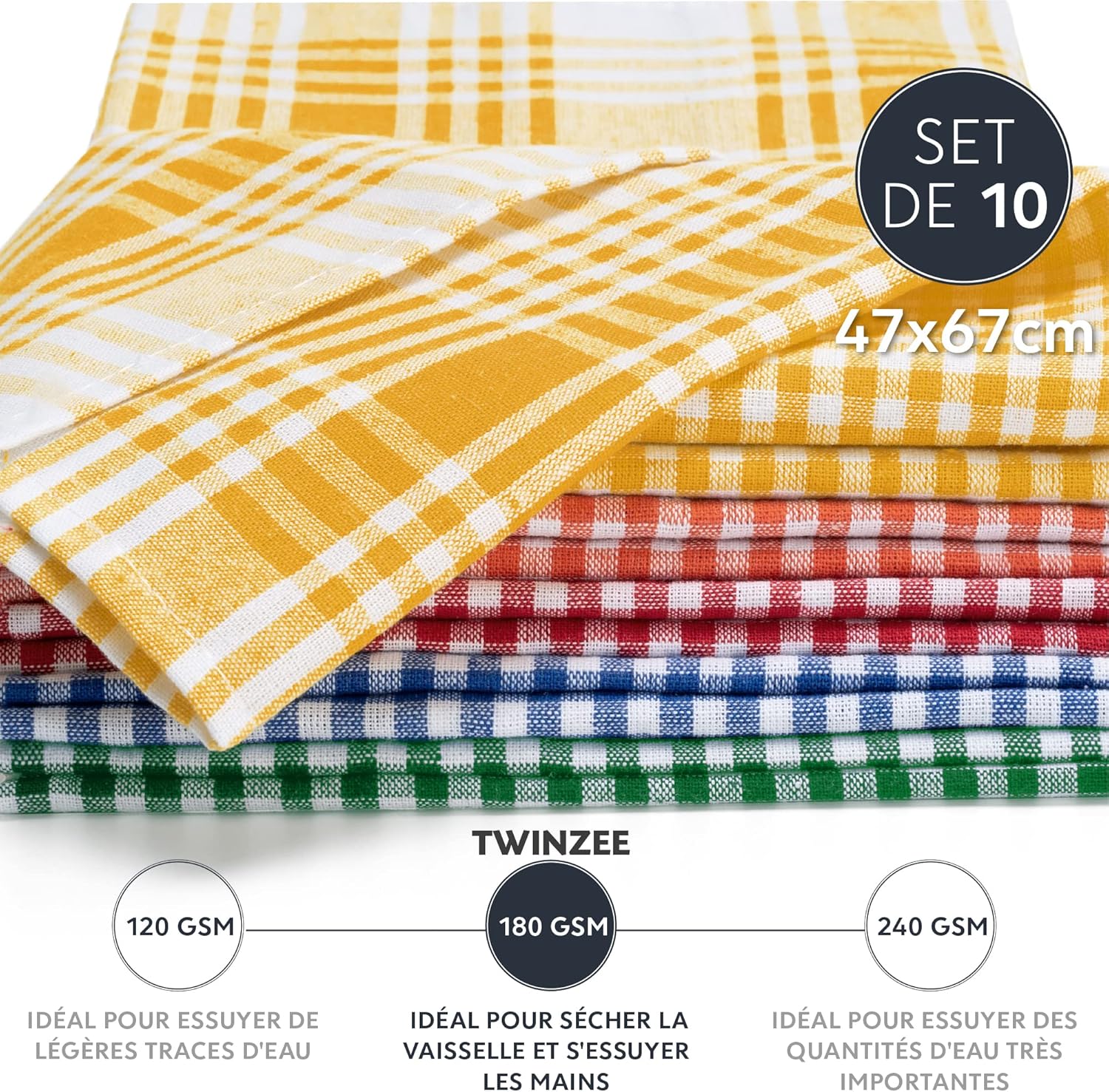 Twinzee - Set de torchons Oeko Tex - 67x47cm - coton 180GSM, multicolore