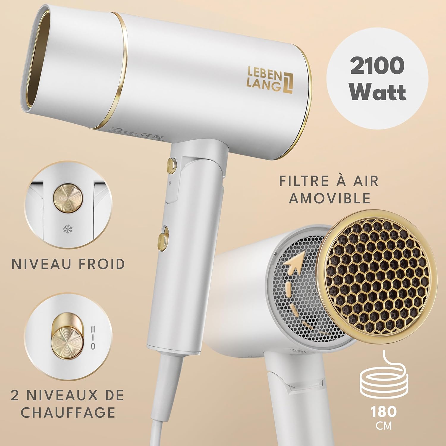 LEBENLANG - sèche-cheveux compact pliable 2100W, ionique, anti-fourches, air froid, blanche