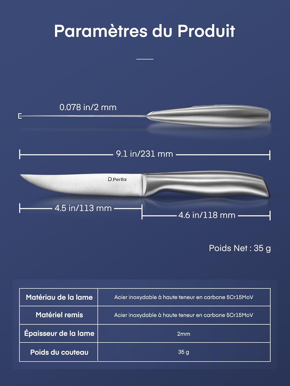 D.Perlla - couteaux à steak lame droite, 23.1 cm, extra tranchants