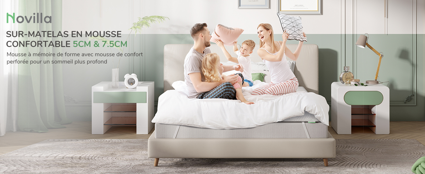 Le texte se lit comme suit : « Image 5 » et « Flexible ». Scène intérieure montrant un matelas ou un produit de literie dans une chambre lumineuse et moderne.