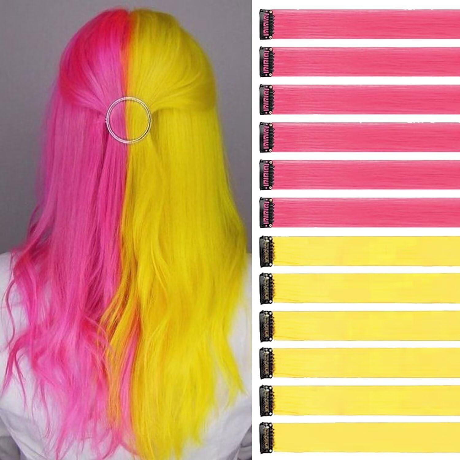 Extension cheveux – mèches rose pêche/jaune – 55cm, 12pc, clips, fête