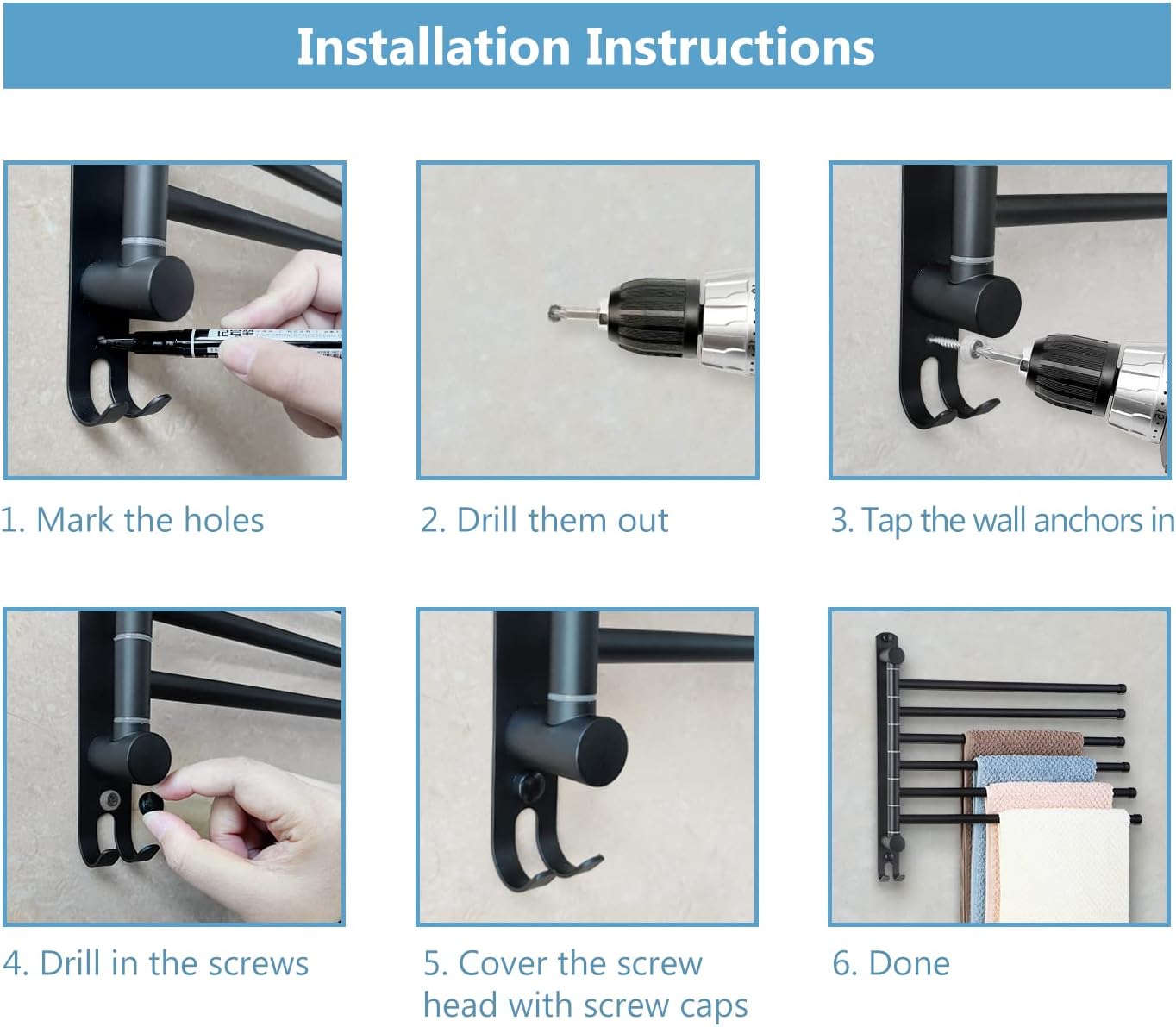 JSVER - porte-serviette 6 barres, 180° rotatif inox SUS304, mural, noir